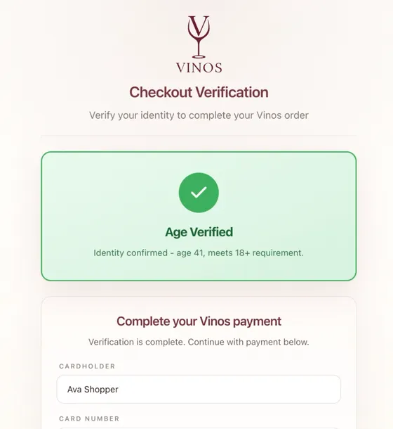 Vinos checkout verification screen showing Age Verified, with the payment form below