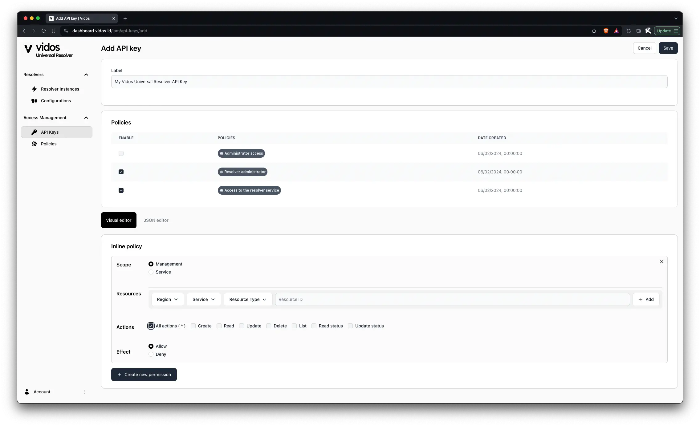 API key creation screen with policy selection