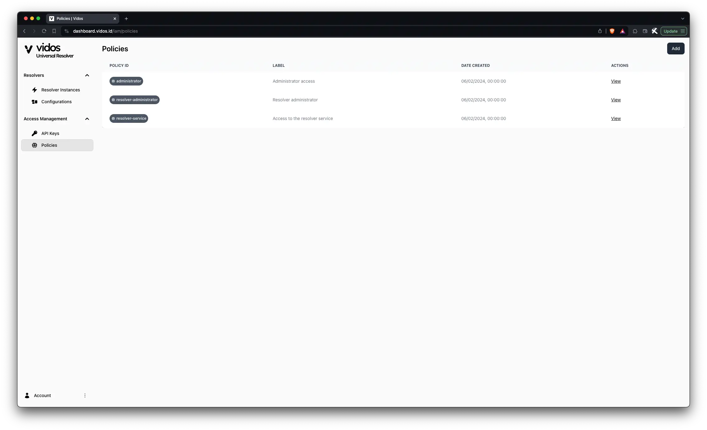 Policies page showing available access policies